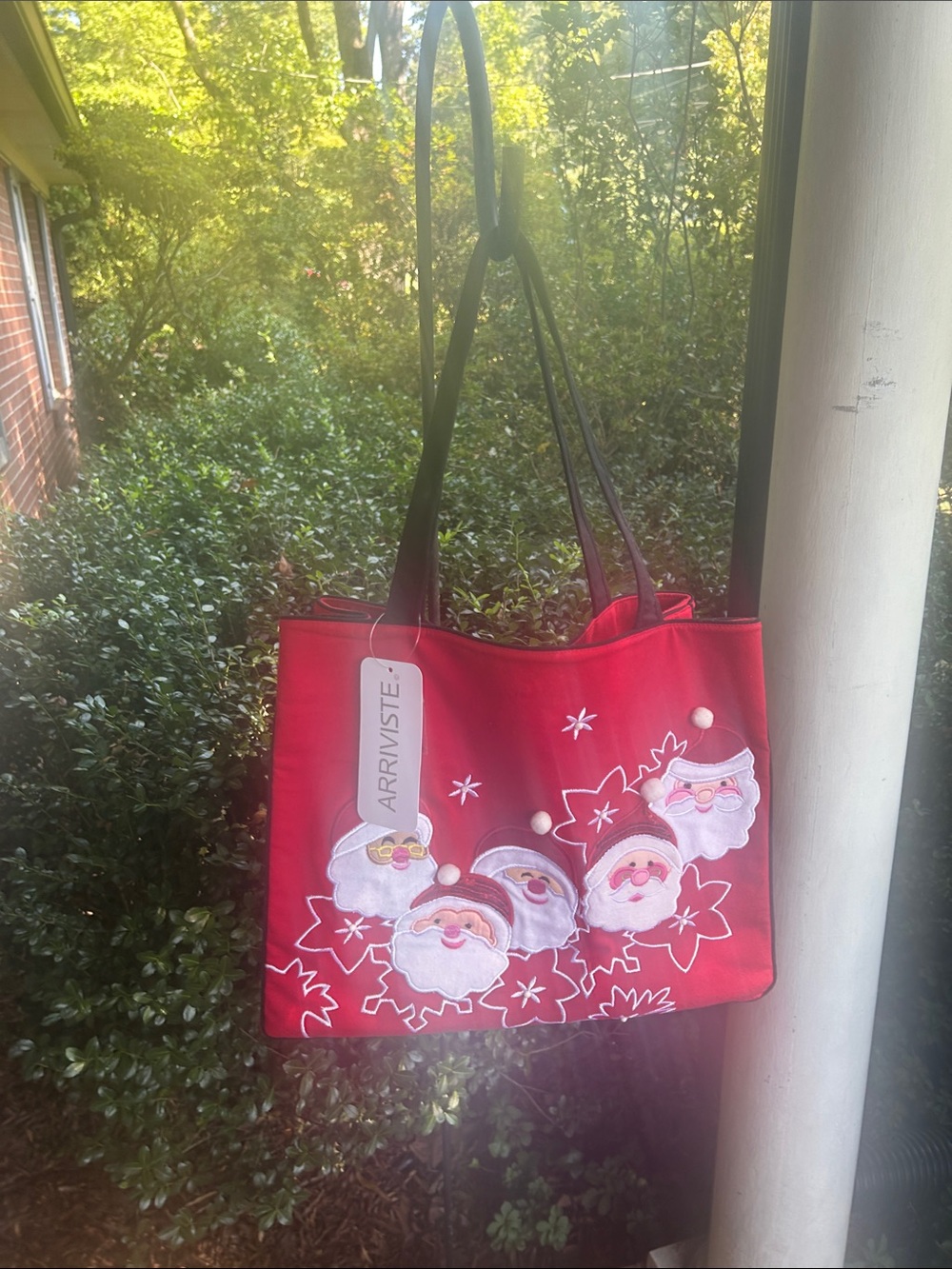 Red Holiday Tote Bag with Santa Appliqués